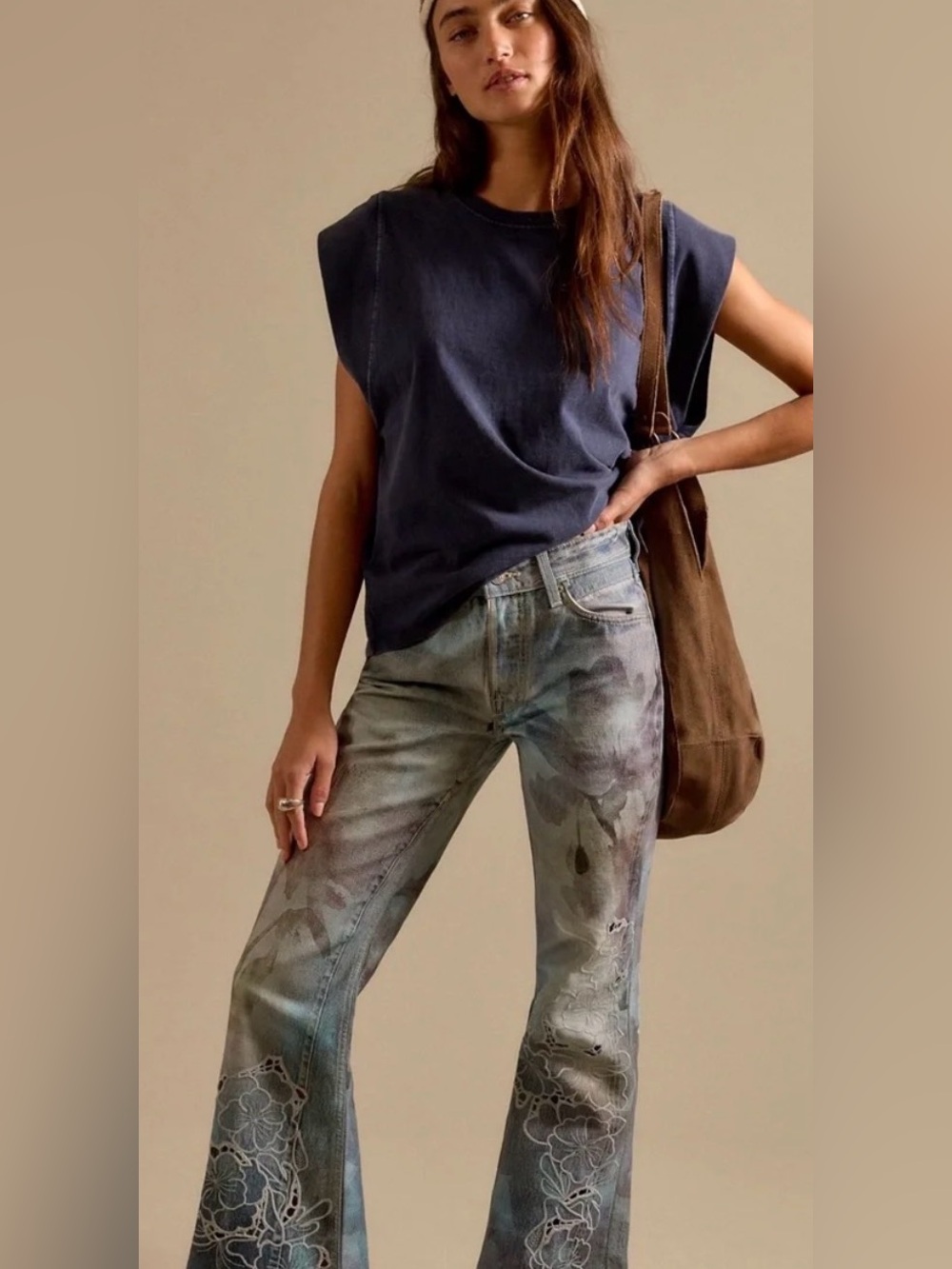 NWT FREE PEOPLE West Coast Illusions & Cutwork Jeans Watercolor Bloom 28